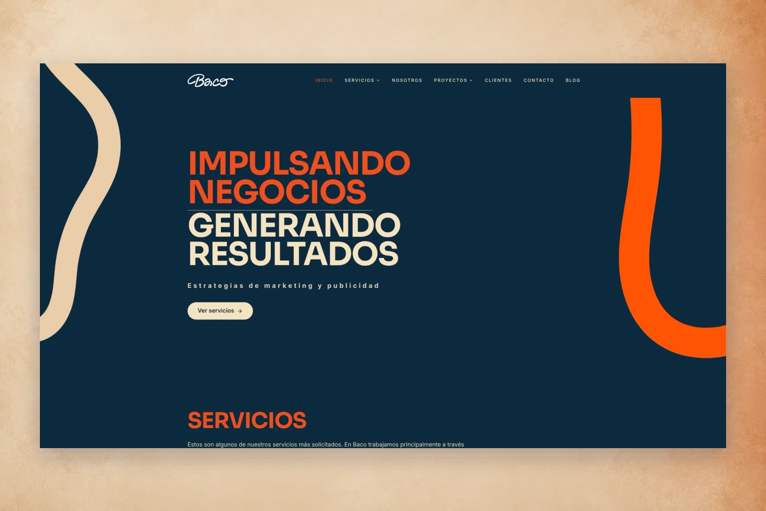 Vista del sitio web de Agencia Baco