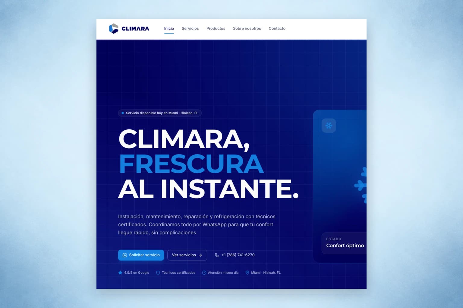 Vista del sitio web de Climara Air