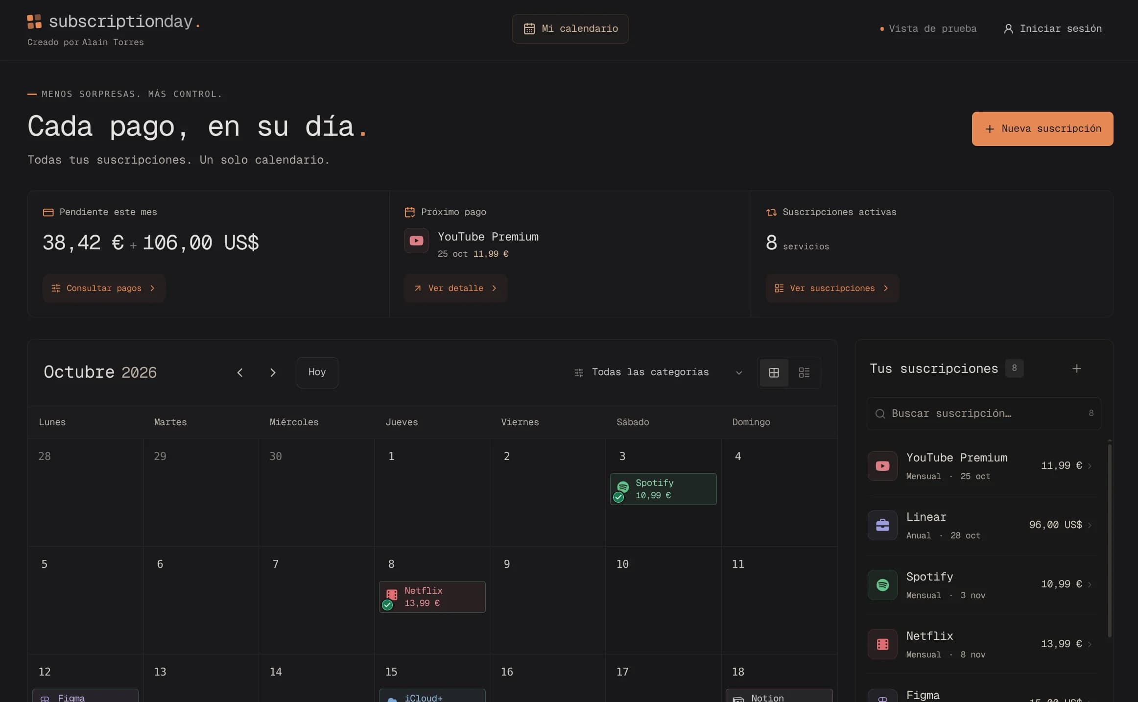 Vista del sitio web de Subscription Day