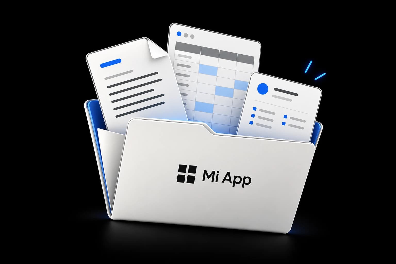 Documentos, tablas y registros saliendo de una carpeta de Mi App para representar la información organizada