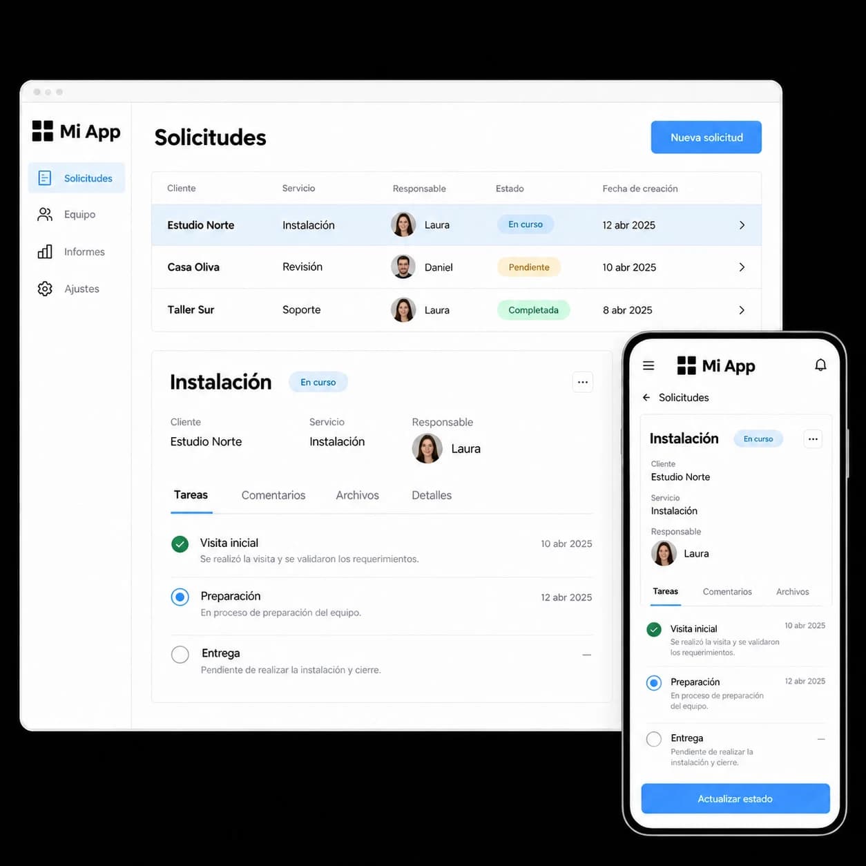 Mi App, con un logo de cuatro cuadrados negros, en escritorio y móvil para gestionar solicitudes, responsables y estados de trabajo