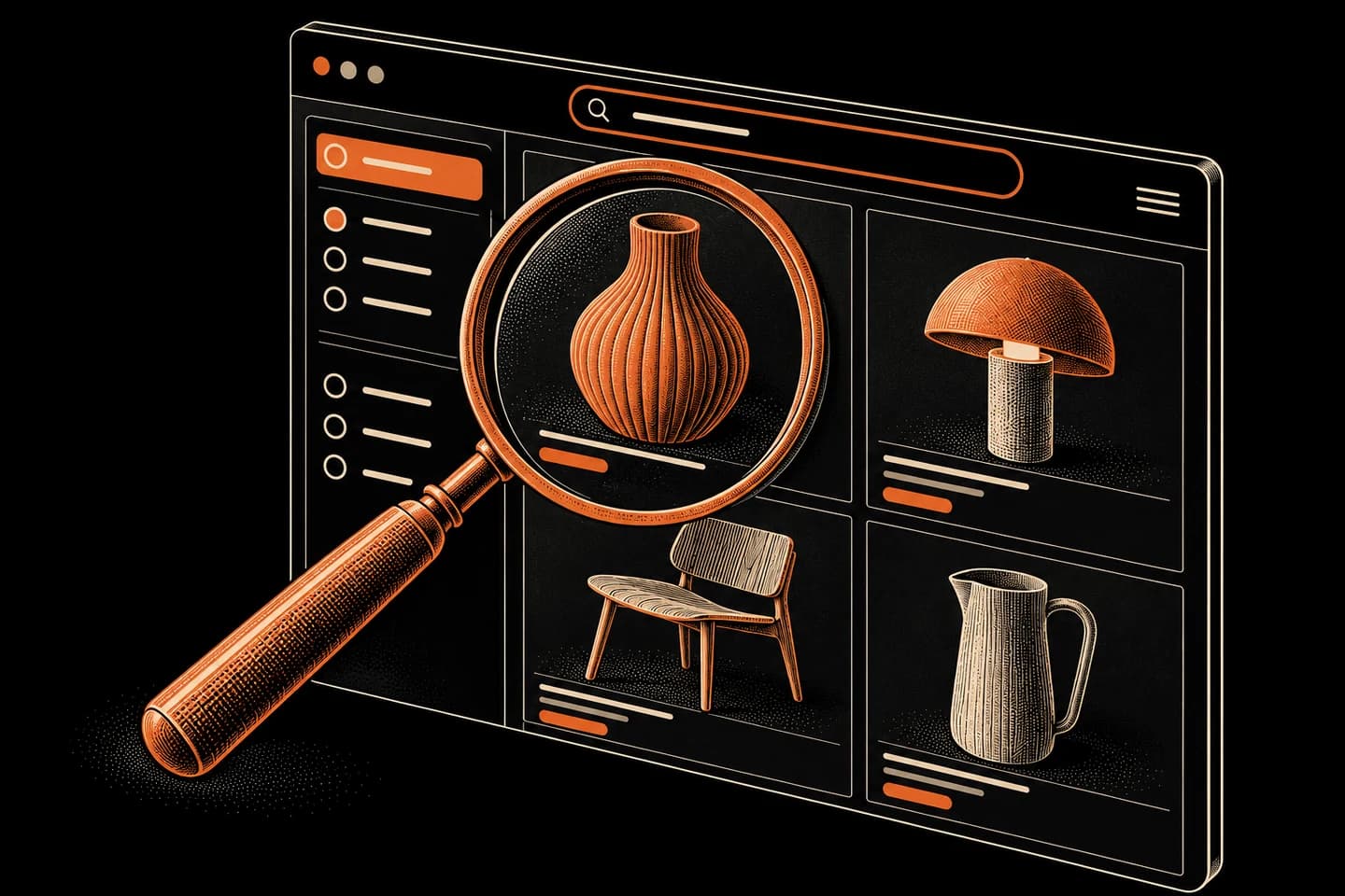 Ilustración técnica de un catálogo con filtros, búsqueda y una lupa en naranja cobre