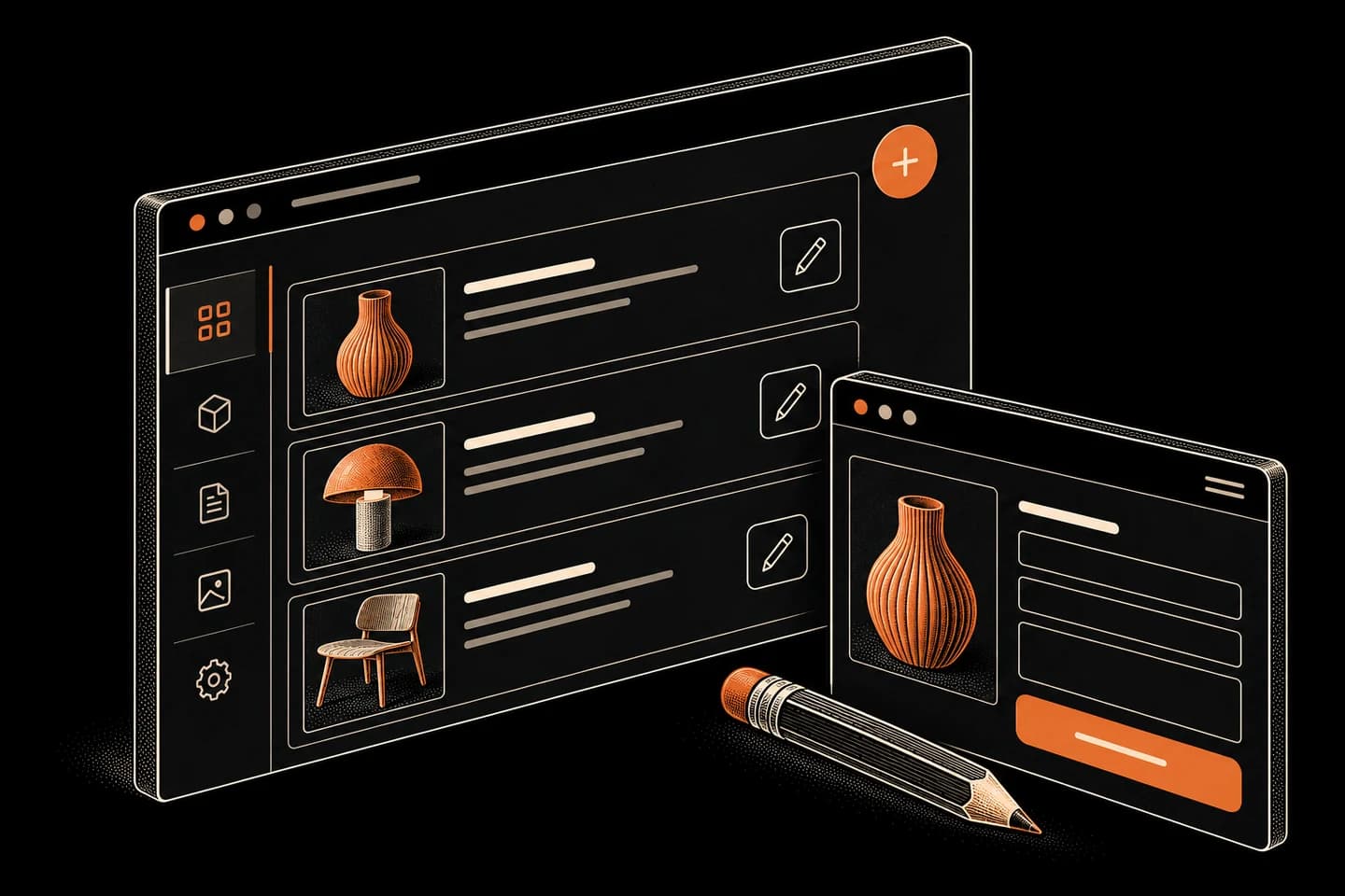 Panel de gestión ilustrado en perspectiva isométrica, con listado de productos y formulario de edición