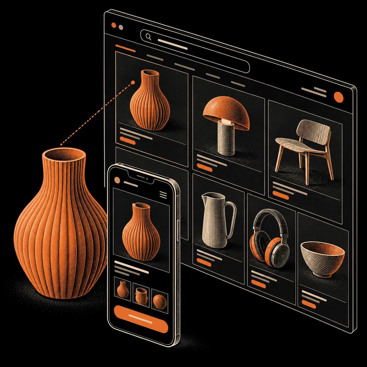 Catálogo digital en perspectiva isométrica con productos y ficha móvil, ilustrado con trazos marfil y naranja cobre