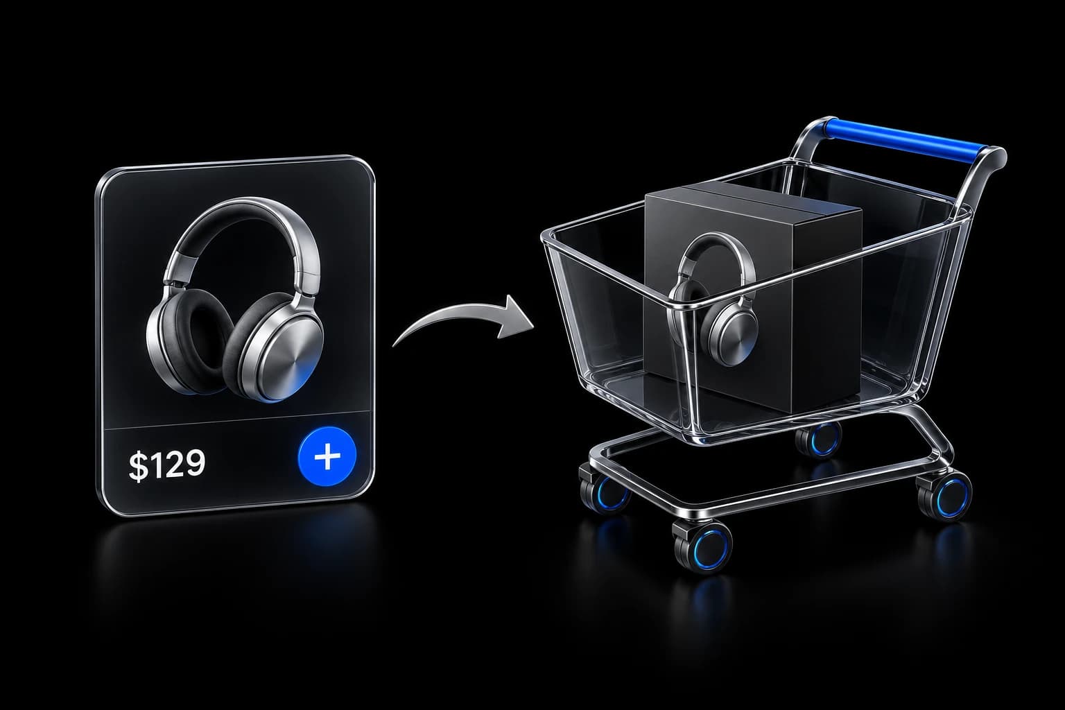 Ficha de auriculares conectada mediante una flecha a un carrito de cristal oscuro con el producto dentro