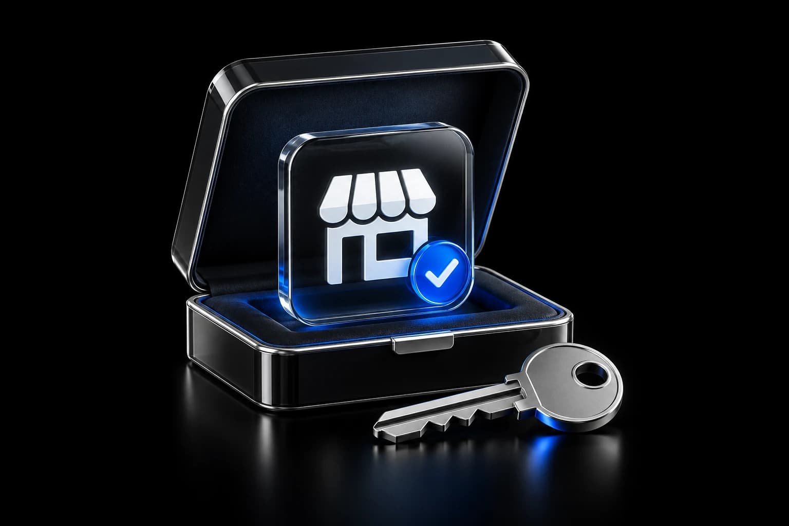 Estuche abierto con un icono de tienda de cristal, una confirmación azul y una llave plateada para representar la entrega de accesos