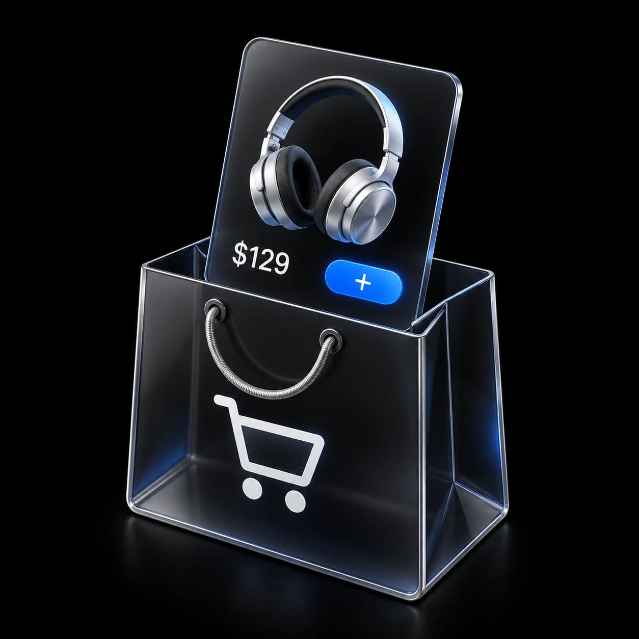 Bolsa de compra de cristal oscuro con una ficha de auriculares y botón azul para añadir el producto, como concepto de tienda online a medida