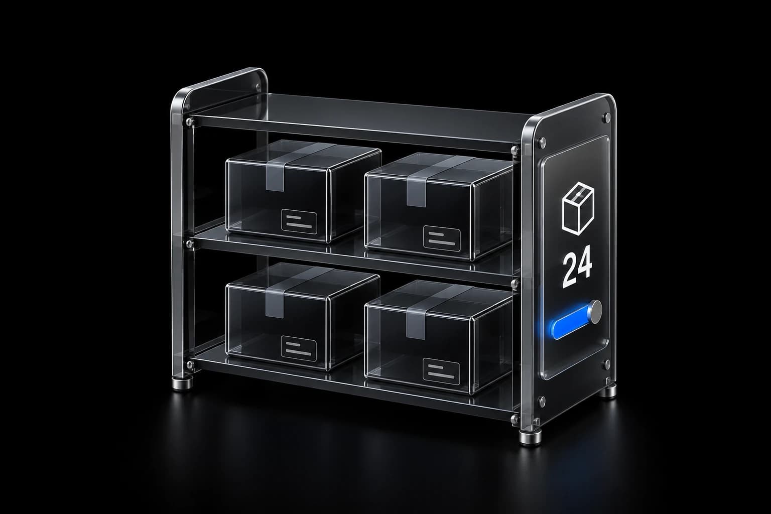 Estantería de cristal oscuro con cuatro cajas y un control azul de existencias, como concepto de gestión de inventario