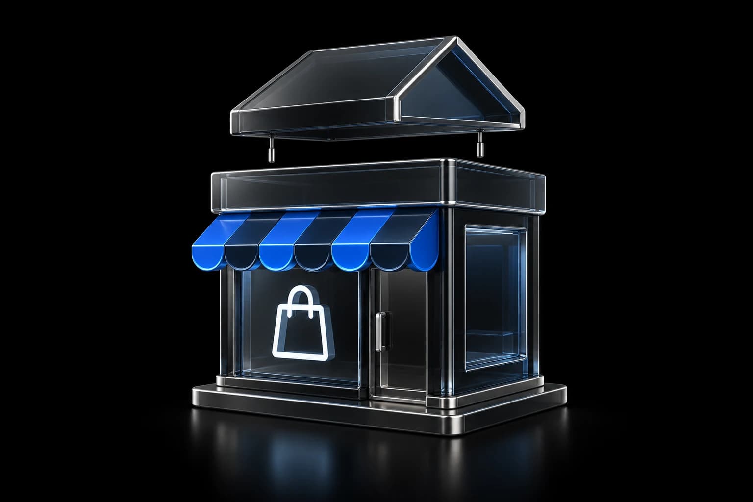 Tienda de cristal oscuro con toldo azul y un techo que encaja por módulos, como concepto de desarrollo paso a paso