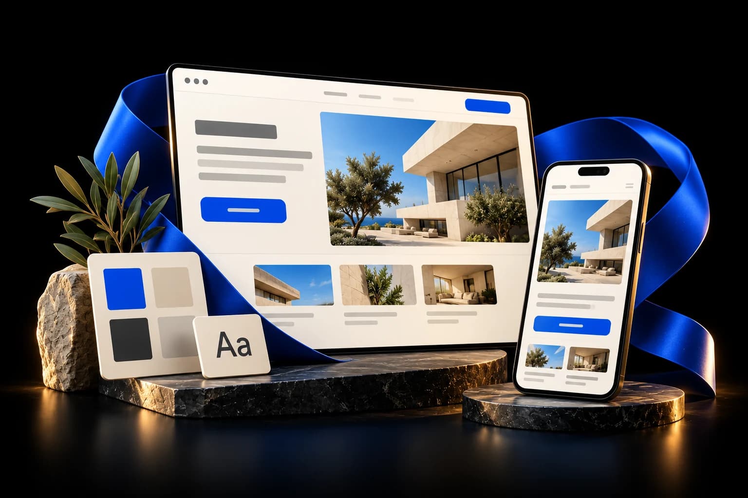 Una web y su versión móvil junto a muestras de color y tipografía