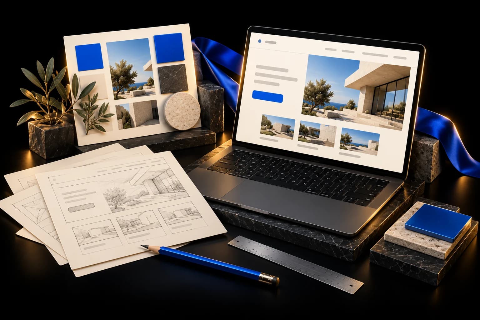 Mesa de trabajo con bocetos, muestras de diseño y una web terminada