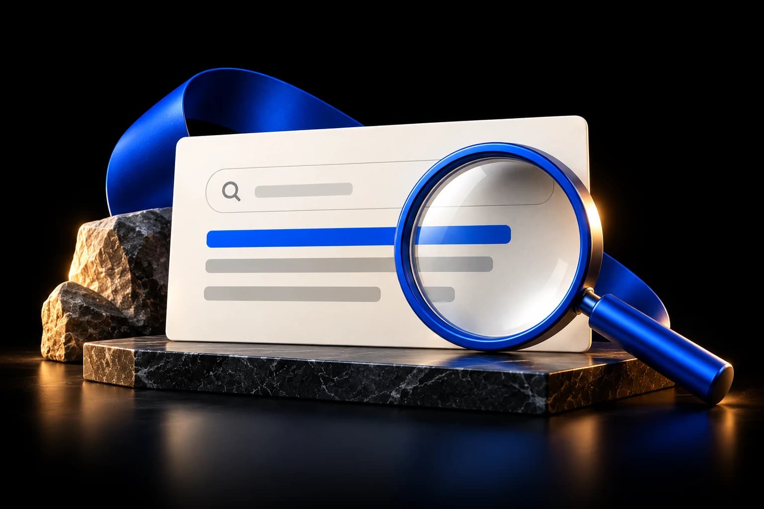 Una lupa azul sobre una ficha de resultado de búsqueda