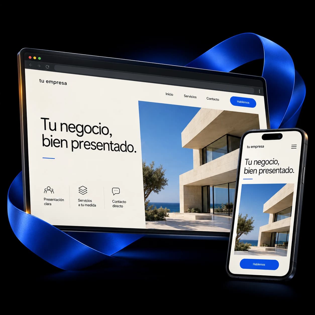 Concepto de un sitio web profesional con diseño personalizado, presentado en escritorio y móvil