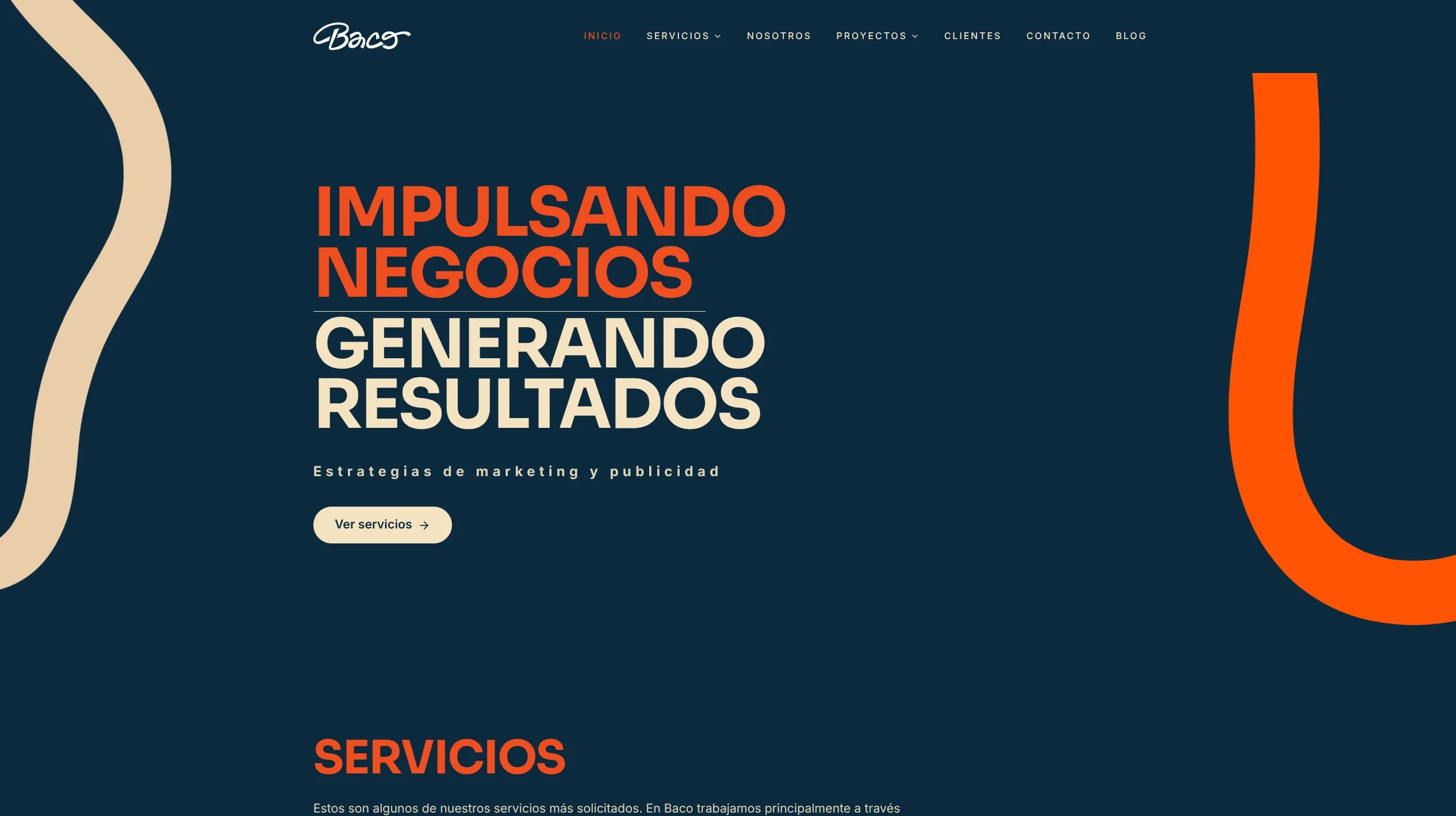 Vista del sitio web de Agencia Baco