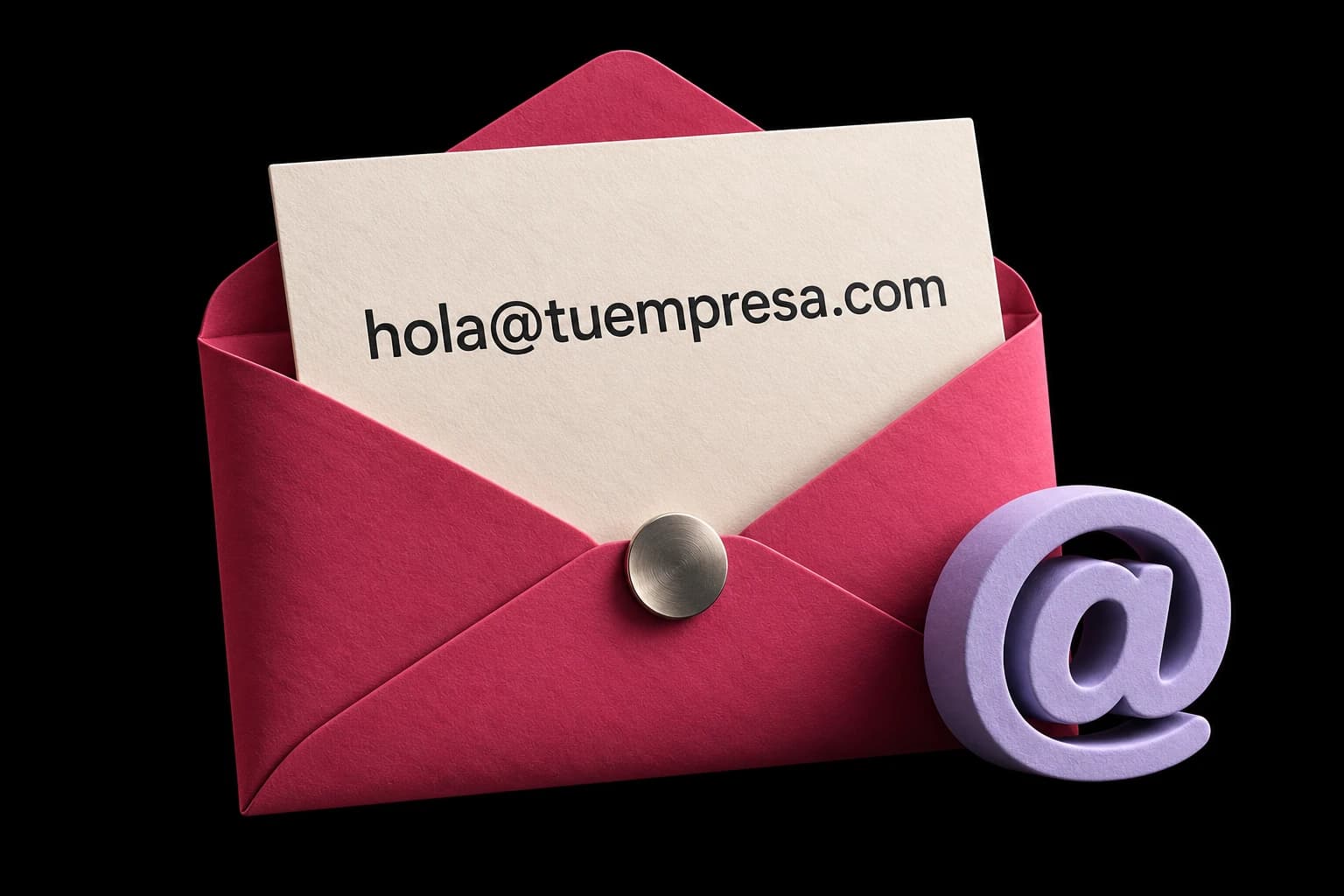 Tarjeta con la dirección de ejemplo hola@tuempresa.com dentro de un sobre frambuesa, junto a una arroba lavanda