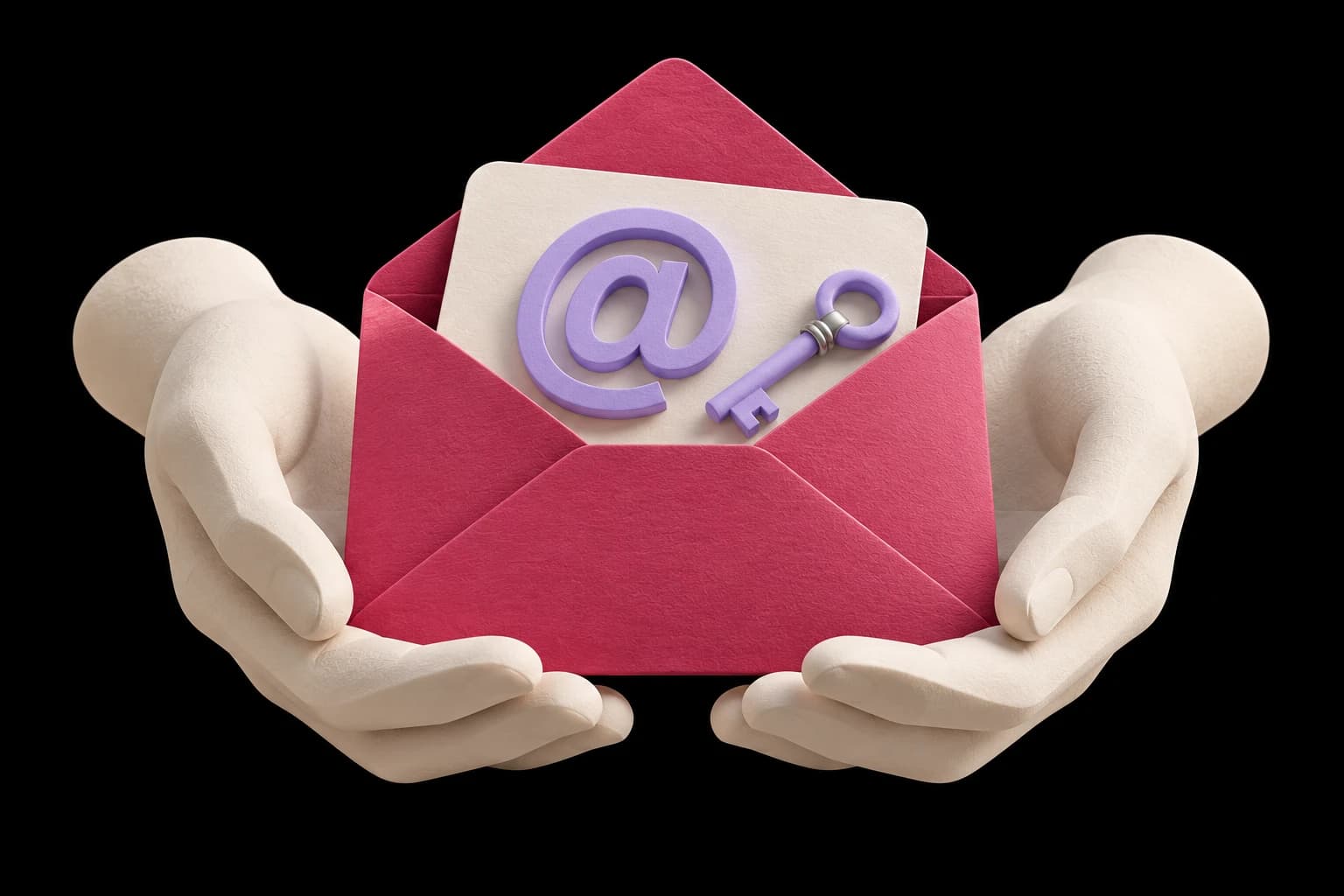 Dos manos ofrecen un sobre con una tarjeta de arroba y una llave, como entrega de los accesos al correo empresarial