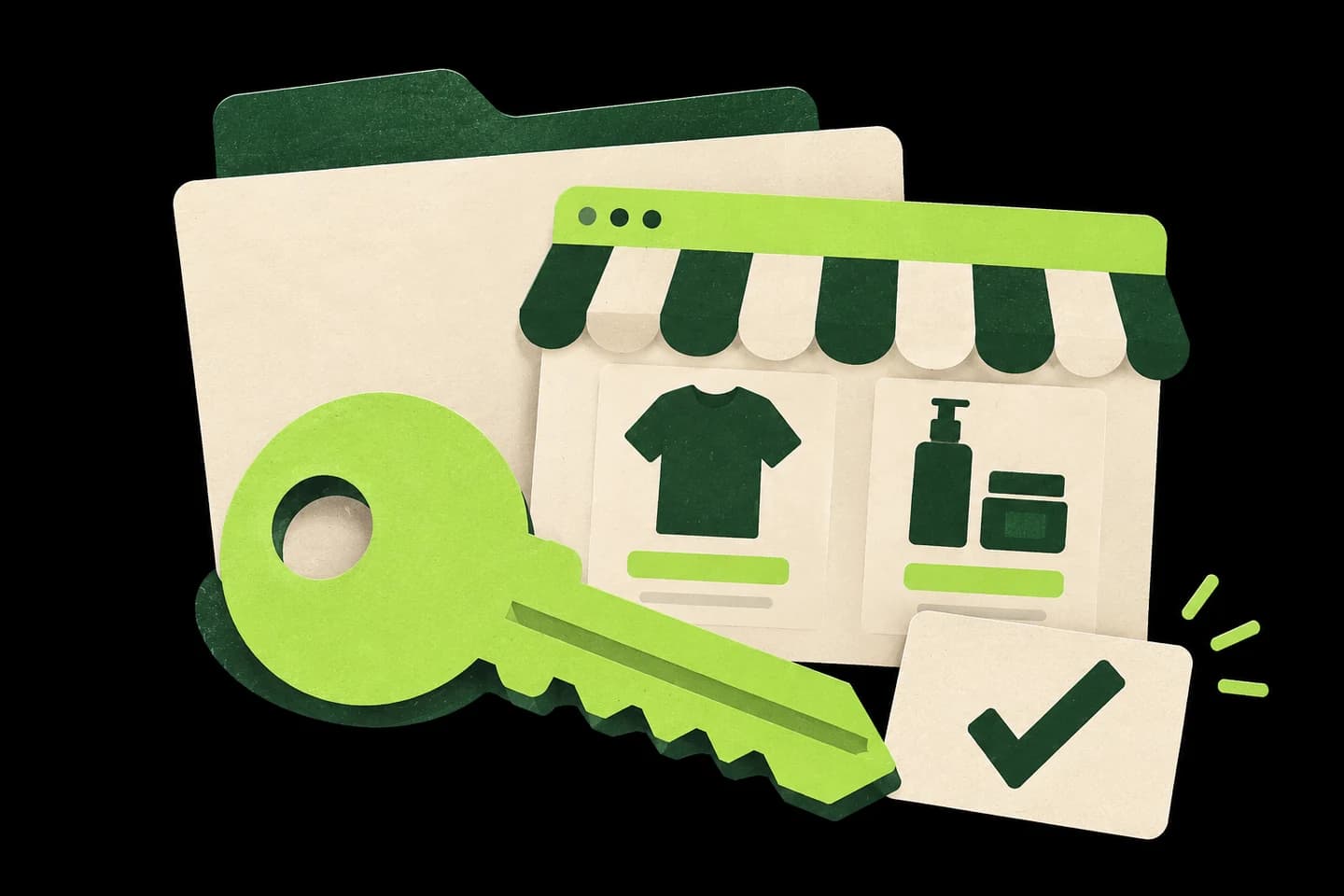 Tienda terminada junto a una carpeta, una llave verde lima y una confirmación de entrega