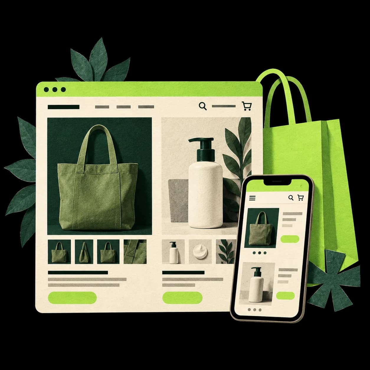 Tienda Shopify ilustrada con papel recortado, productos y su versión móvil en verde lima y crema