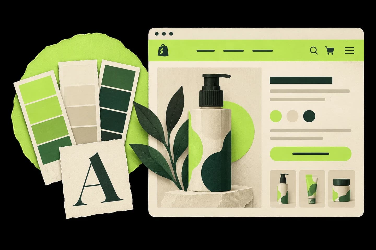 Collage de una tienda Shopify con muestras de color y tipografía en papel crema y verde lima