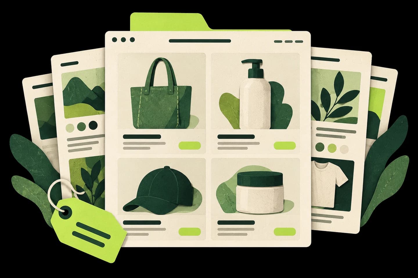 Colecciones y fichas de productos organizadas en tarjetas de papel crema y verde