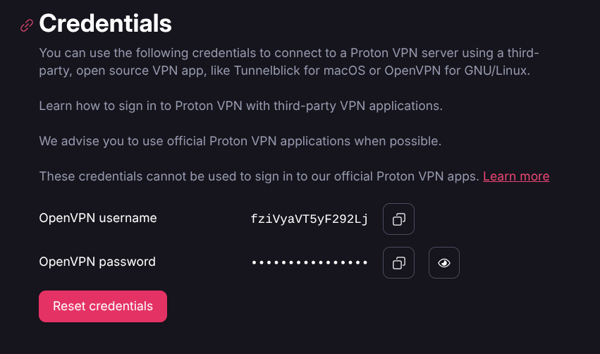 credenciales de proton para open vpn