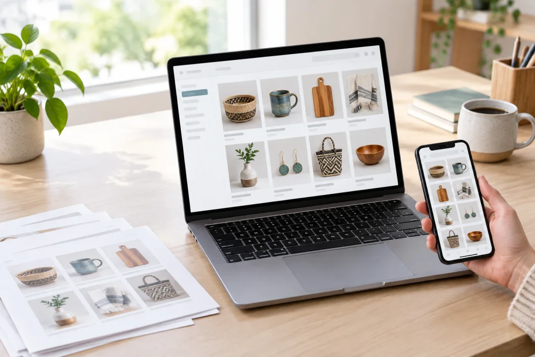 Catálogo de productos en un portátil y un móvil junto a unas hojas impresas.